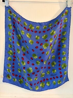 Chopard Royal Blue Silk Scarf with Red Ladybugs and Green Clover Motif